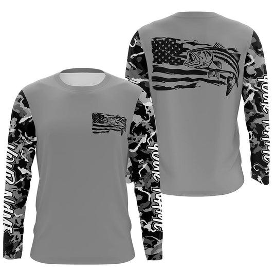 Maxcorners Gray Camo Us Flag Striped Bass Custom Patrotic Long Sleeve Fishing Shirt, Striper Fishing Jersey