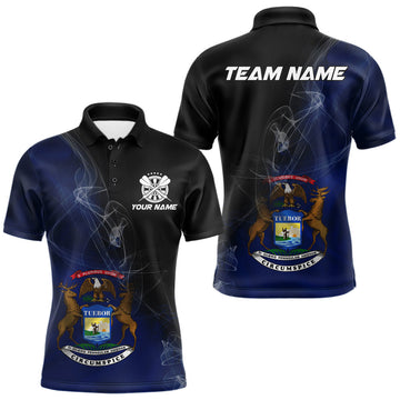 Maxcorners Custom Smoke Flame Michigan Flag Patriotic Darts Shirt For Men, Dart League Team Jerseys LM2602