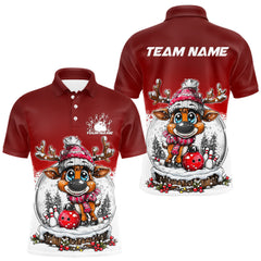 Maxcorners Custom Cute Funny Reindeer Christmas Bowling Men Polo Shirts, ChristmasTeam Bowling Shirt LM1411
