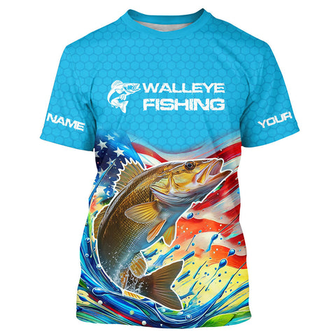 Maxcorners Custom US Flag Walleye Tournament Fishing T-Shirts, Patriotic Walleye Fishing Jerseys MT2108