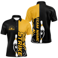 Maxcorners Custom Black And Gold Flame Strike Bowling Men Polo Shirt, Bowling Tournament Shirt