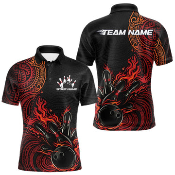 Maxcorners Custom Black And Red Orange Tribal Flame Bowling Ball Bowling Team Shirts, Polynesian Bowling Tournament Shirt LM1501