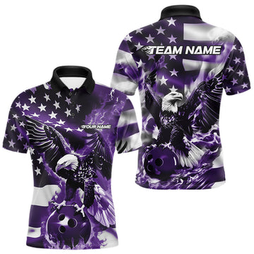 Maxcorners Custom Purple Flaming American Flag Eagle Bowling Team Men Shirt, Patriotic Bowlers Outfit LM2602