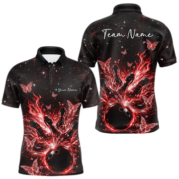 Maxcorners Custom Red Galaxy Butterfly Bowling Men Polo Shirt, Flame Bowling Team Jerseys