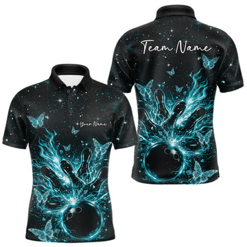 Maxcorners Custom Turquoise Blue Galaxy Butterfly Bowling Men Polo Shirt, Flame Bowling Team Jerseys