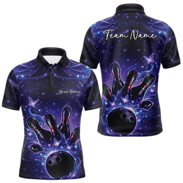 Maxcorners Custom Dreamy Blue And Purple Butterfly Men Bowling Polo Shirt, Bowling Team Outfit