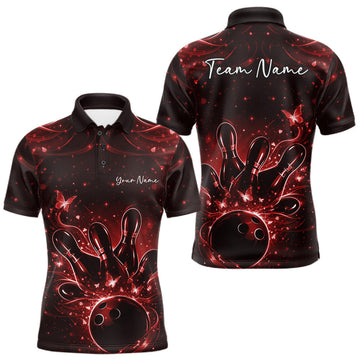 Maxcorners Custom Dreamy Red Butterfly Men Bowling Polo Shirt, Bowling Team Outfit
