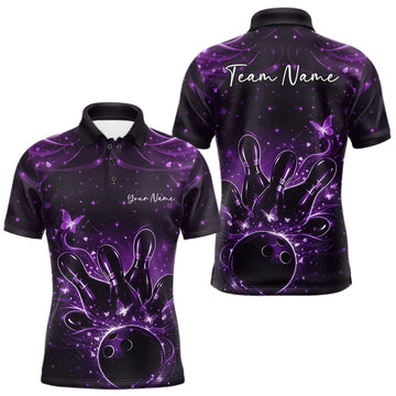 Maxcorners Custom Dreamy Purple Butterfly Men Bowling Polo Shirt, Bowling Team Outfit