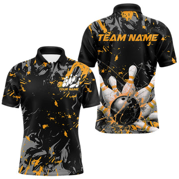 Maxcorners Custom Black And Yellow Splatter Camo Bowling Team Polo Shirts For Men LM2602
