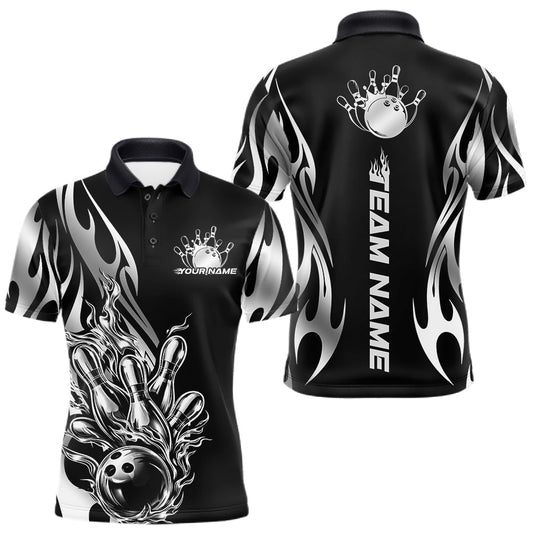 Maxcorners Custom Black And Silver Tribal Flame Men Bowling Polo Shirt, Bowling Tournament Shirt