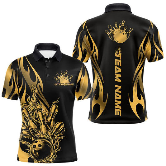 Maxcorners Custom Gold Tribal Flame Men Bowling Polo Shirt, Bowling Tournament Shirt