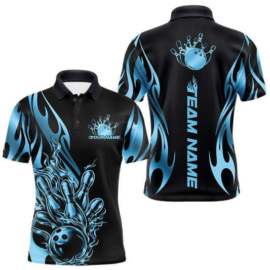 Maxcorners Custom Black And Blue Tribal Flame Men Bowling Polo Shirt, Bowling Tournament Shirt