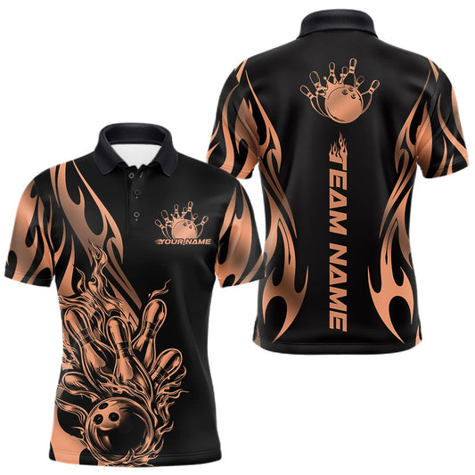 Maxcorners Custom Rose Gold Tribal Flame Men Bowling Polo Shirt, Bowling Tournament Shirt