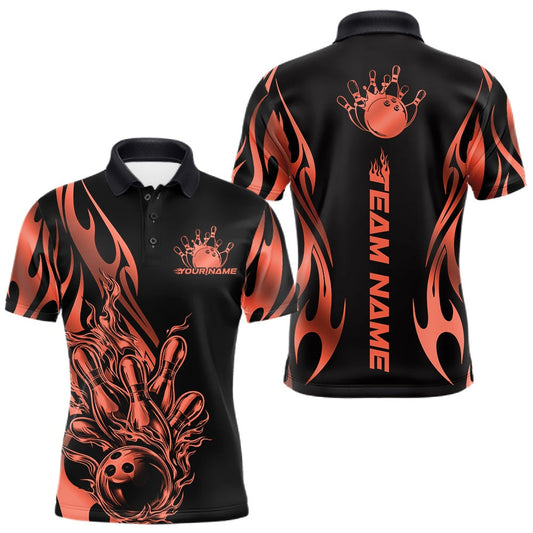 Maxcorners Custom Ember Red Tribal Flame Men Bowling Polo Shirt, Bowling Tournament Shirt