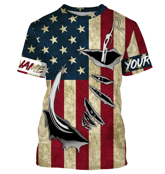 Maxcorners Customized Name American flag Fish Hook Fishing 3D Shirts