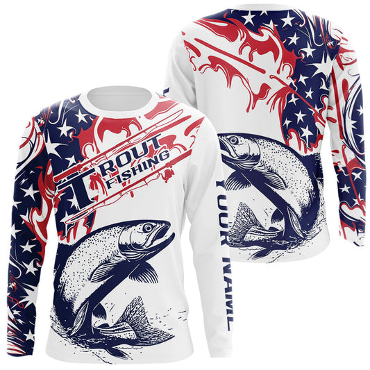 Maxcorners Custom American Flag Trout Long Sleeve Fishing Shirts, Patriotic Trout Fishing Jerseys  LM0201