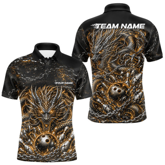Maxcorners Yellow Custom Mytical Energy Metal Chain And Dragon Bowling Tournament Team Shirts For Men, Women And Kid