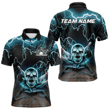 Maxcorners Custom Blue Thunder Lightning Skull Bowling Polo Team Shirts For Men, Halloween Outfit LM1203