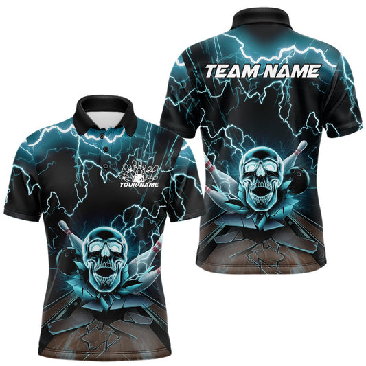Maxcorners Custom Blue Thunder Lightning Skull Bowling Polo Team Shirts For Men, Halloween Outfit LM1203