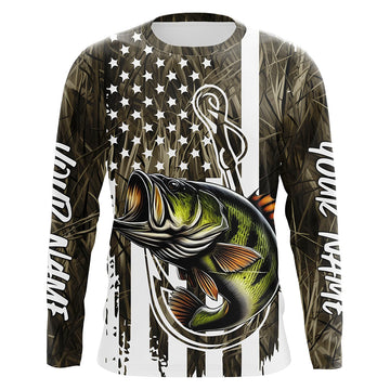 Maxcorners Lake Grass Camo US Flag Custom Largemouth Bass Patriotic Long Sleeve Fishing Shirts With Name LM0201