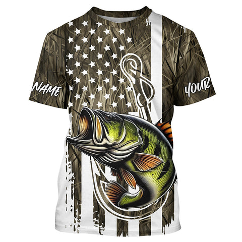 Maxcorners Lake Grass Camo US Flag Custom Largemouth Bass Patriotic Fishing T-Shirts With Name MT2108