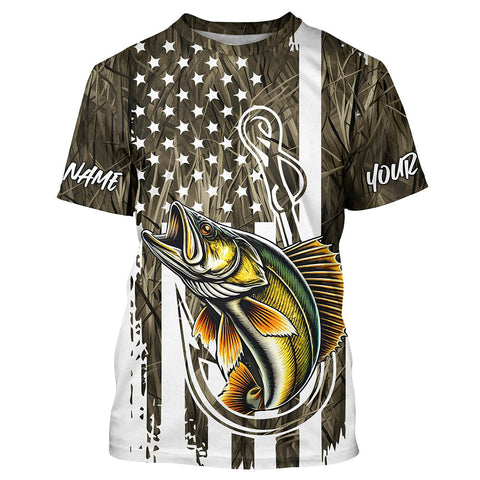 Maxcorners Lake Grass Camo US Flag Custom Walleye Patriotic Fishing T-Shirts With Name MT2108