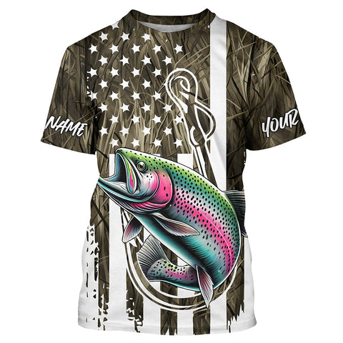 Maxcorners Lake Grass Camo US Flag Custom Rainbow Trout Patriotic Fishing T-Shirts With Name MT2108