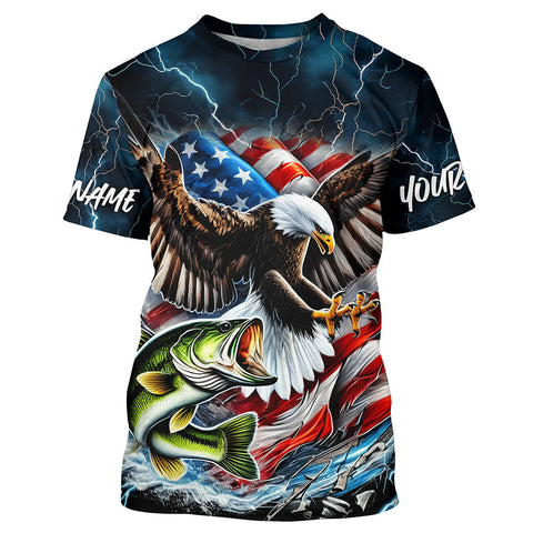 Maxcorners Blue Thunder Lightning US Flag Eagle Custom Patriotic Largemouth Bass Fishing T-Shirts MT2108