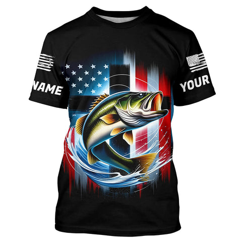 Maxcorners American Flag Cross Custom US Patriotic Largemouth Bass Tournament Fishing T-Shirts MT2108