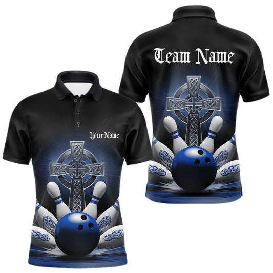 Maxcorners Custom Blue Celtic Cross Faith Bowling Polo Team Shirts For Men, Bowlers Outfits LM1005