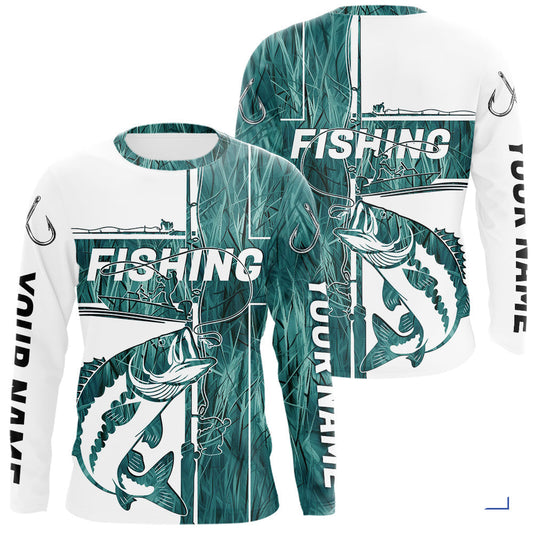 Maxcorners Custom Greenish Blue Grass Camo Cross Faith Largemouth Bass Long Sleeve Tournament Fishing Shirt LM2512