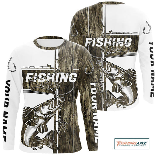 Maxcorners Custom Grass Camo Cross Faith Walleye Long Sleeve Tournament Fishing Shirts LM0201