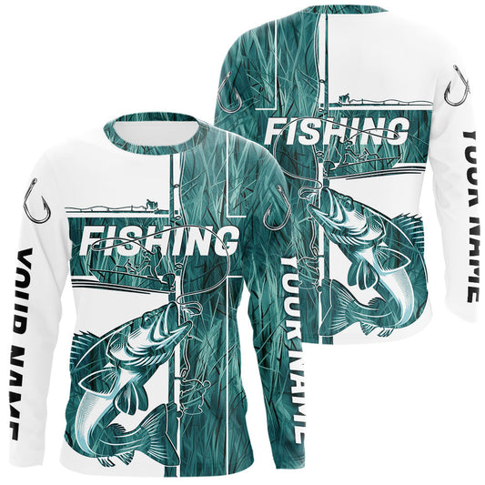 Maxcorners Custom Greenish Blue Grass Camo Cross Faith Walleye Long Sleeve Tournament Fishing Shirts LM2512