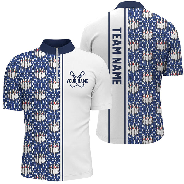 Maxcorners Blue Argyle Custom Bowling Polo Shirts For Men And Women, Custom Bowling Uniforms