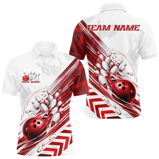 Maxcorners Custom White And Red Motion Speed Bowling Team Men Polo Shirt, Bowling Jerseys