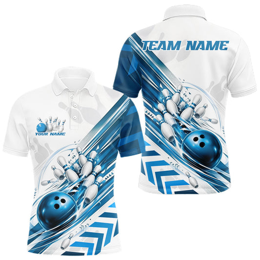Maxcorners Custom White And Blue Motion Speed Bowling Team Men Polo Shirt, Bowling Jerseys