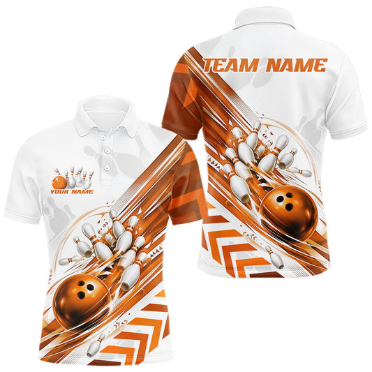 Maxcorners Custom White And Orange Motion Speed Bowling Team Men Polo Shirt, Bowling Jerseys