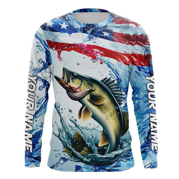 Maxcorners Personalized Patriotic Walleye Long Sleeve Fishing Shirts, American Flag Fishing Shirts LM0501