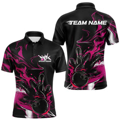 Maxcorners Custom Black And Pink Camo Flame Bowling Team Polo Shirts For Men, Bowling Jerseys TU1609
