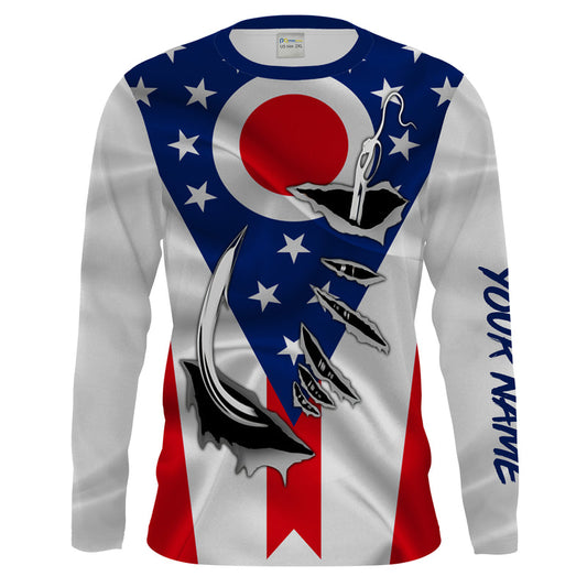Maxcorners OH Fishing 3D Fish Hook Ohio Flag UV protection Custom Men Long Sleeve performance Fishing Shirts LM0201