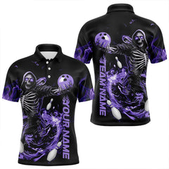 Maxcorners Custom Black And Purple Skeleton Bowling Polo Shirts For Men, Skull Bowling Tournament Shirt