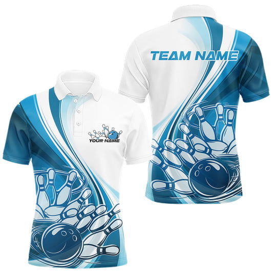 Maxcorners Custom White And Blue Classic Retro Style Men Polo Bowling Tournament Shirt LM1904
