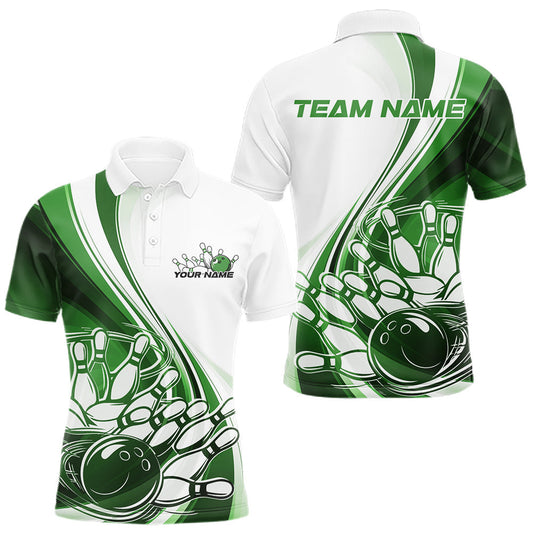Maxcorners Custom White And Green Classic Retro Style Men Polo Bowling Tournament Shirt LM1904