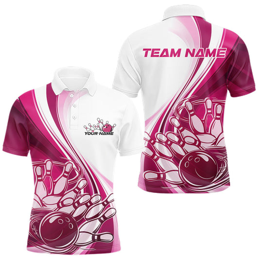 Maxcorners Custom White And Pink Classic Retro Style Men Polo Bowling Tournament Shirt LM1904