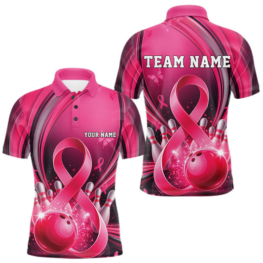 Maxcorners Custom Hope Pink Ribbon Breast Cancer Awareness Bowling Team Polo Shirt For Men LM2704