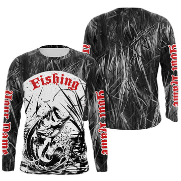 Maxcorners Largemouth Bass Fishing Gray Camo Custom 3D Full Printing Shirts, Bass Long Sleeve Fishing Shirts LM0201