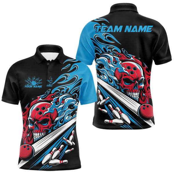Maxcorners Custom Blue And Red Flame Skull Bowling Polo Shirt For Men, Halloween Bowling Jersey LM1809
