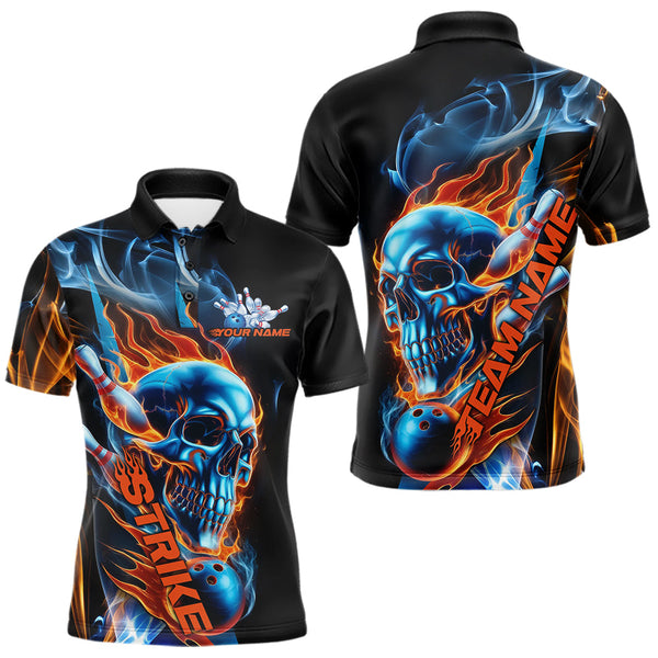 Maxcorners Custom Blue And Orange Fire Flame Strike Skull Bowling Men Polo Shirt, Halloween Outfit LM1809