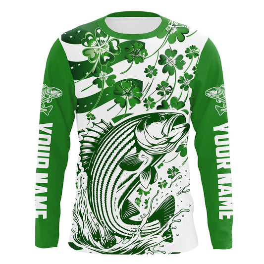 Maxcorners Custom St Patrick'S Day American Flag Striped Bass Fishing Shirts, Patriotic Striper Fishing Jerseys LM0501