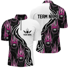 MaxCorners Bowling Ball And Pins Flame Team Jersey Multicolor Option Customized Name, Team Name 3D Stand Collar Zipper Polo Shirt